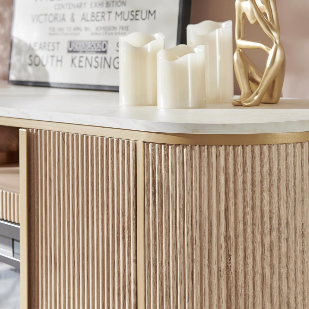 OKD Luxury 70" Fluted Fireplace TV Stand, Modern Chic Entertainment Center for TVs Up to 80 inches, TV Console with Faux Marble Top, Curved Profile Design, Media Console for Living Room, Natural Oak - Grand Goldman