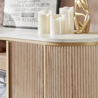 OKD Luxury 70" Fluted Fireplace TV Stand, Modern Chic Entertainment Center for TVs Up to 80 inches, TV Console with Faux Marble Top, Curved Profile Design, Media Console for Living Room, Natural Oak - Grand Goldman