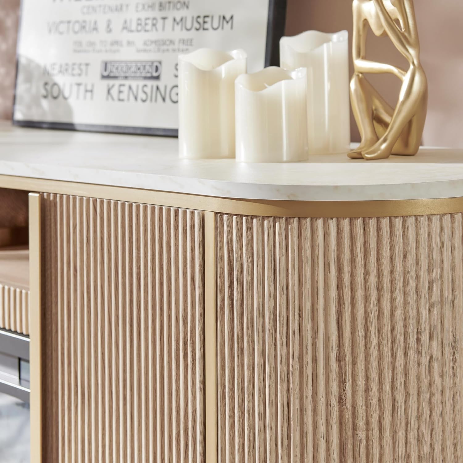 OKD Luxury 70" Fluted Fireplace TV Stand, Modern Chic Entertainment Center for TVs Up to 80 inches, TV Console with Faux Marble Top, Curved Profile Design, Media Console for Living Room, Natural Oak - Grand Goldman