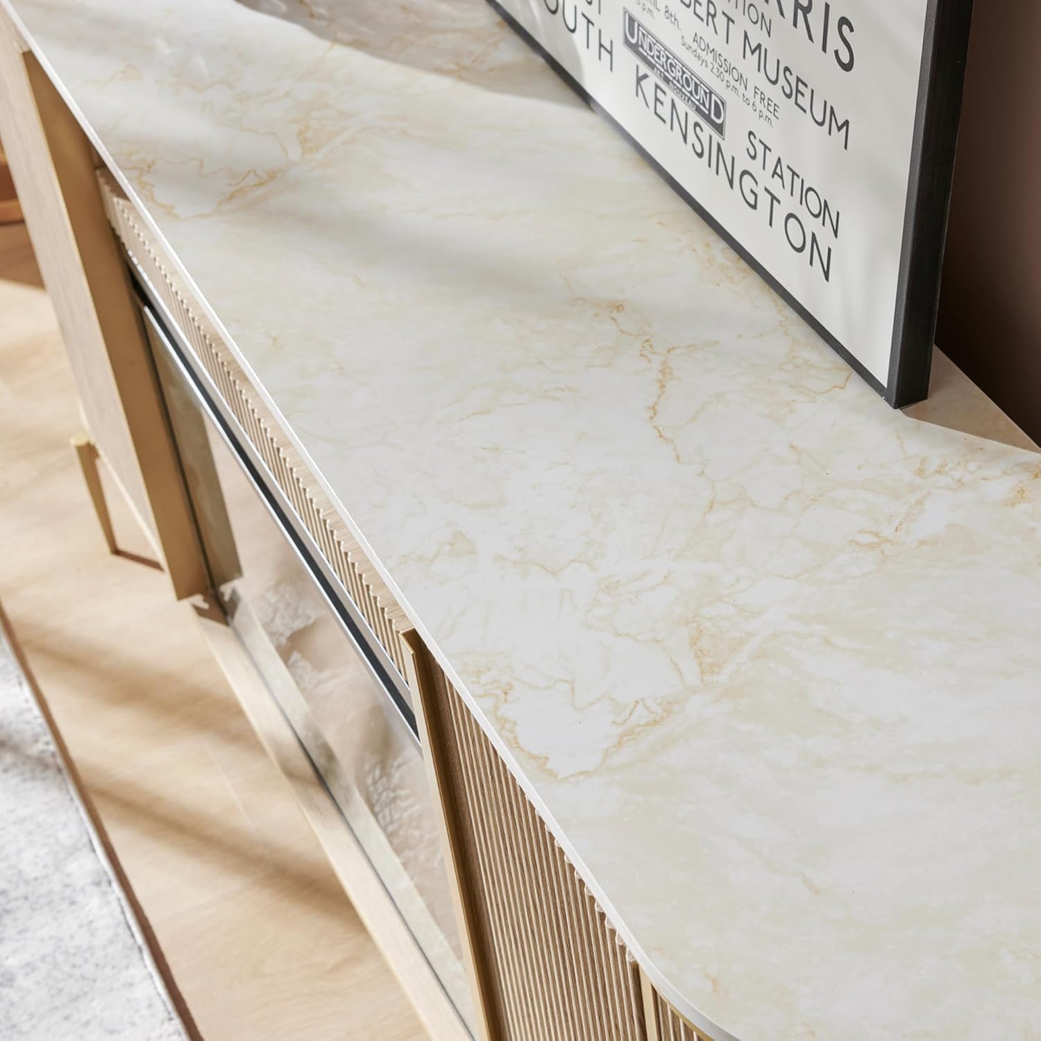 OKD Luxury 70" Fluted Fireplace TV Stand, Modern Chic Entertainment Center for TVs Up to 80 inches, TV Console with Faux Marble Top, Curved Profile Design, Media Console for Living Room, Natural Oak - Grand Goldman