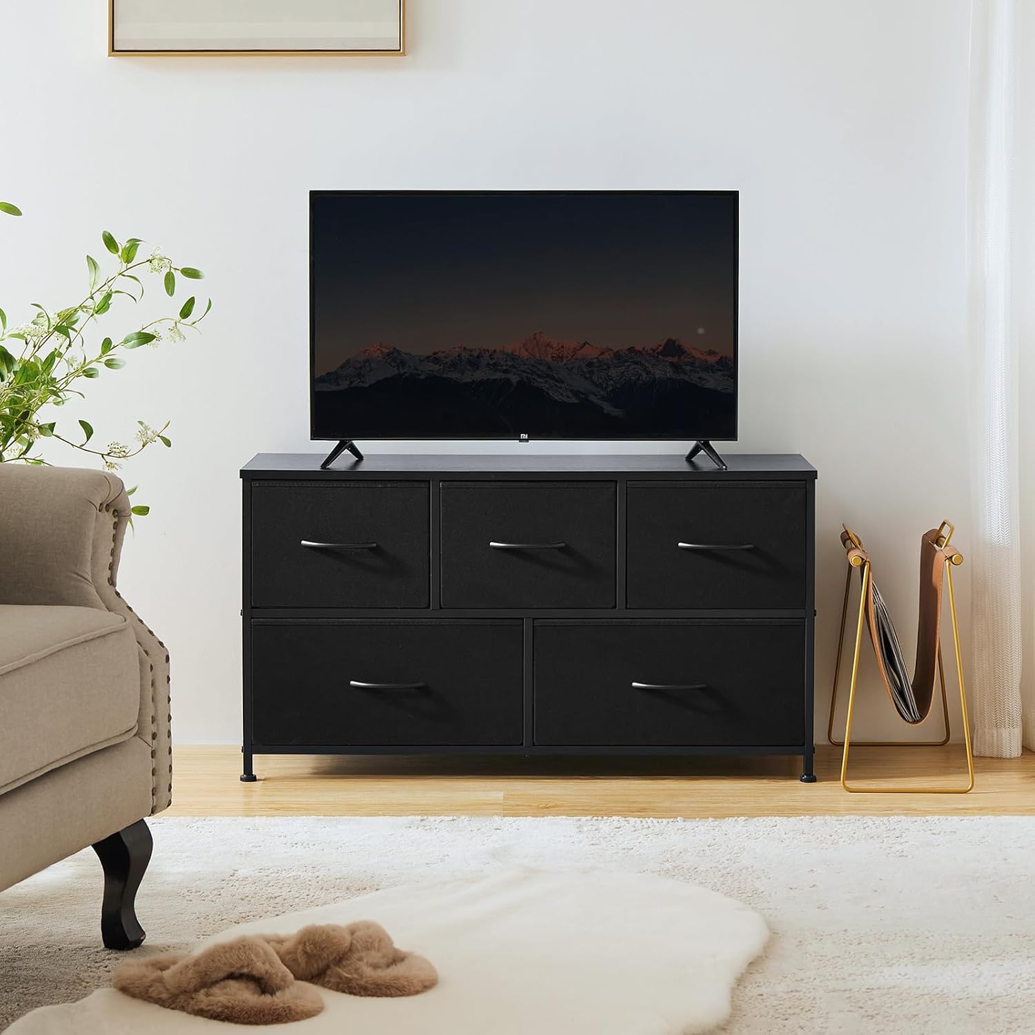 OLIXIS Dresser for Bedroom with 5 Drawers, Wide Chest of Drawers, Fabric Bedroom Dresser with Drawer Organizer, Storage Organizer Unit with Fabric Bins for Closet, Living Room, Hallway, Classic Black - Grand Goldman