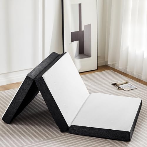 OLIXIS Tri-fold Memory Foam Mattress - 4 Inch Single Size Portable Floor Bed, Foldable Mat for Kids and Adults, Collapsible and Washable Cover with CertiPUR-US Certified, for Travel & Camping & Yoga - Grand Goldman