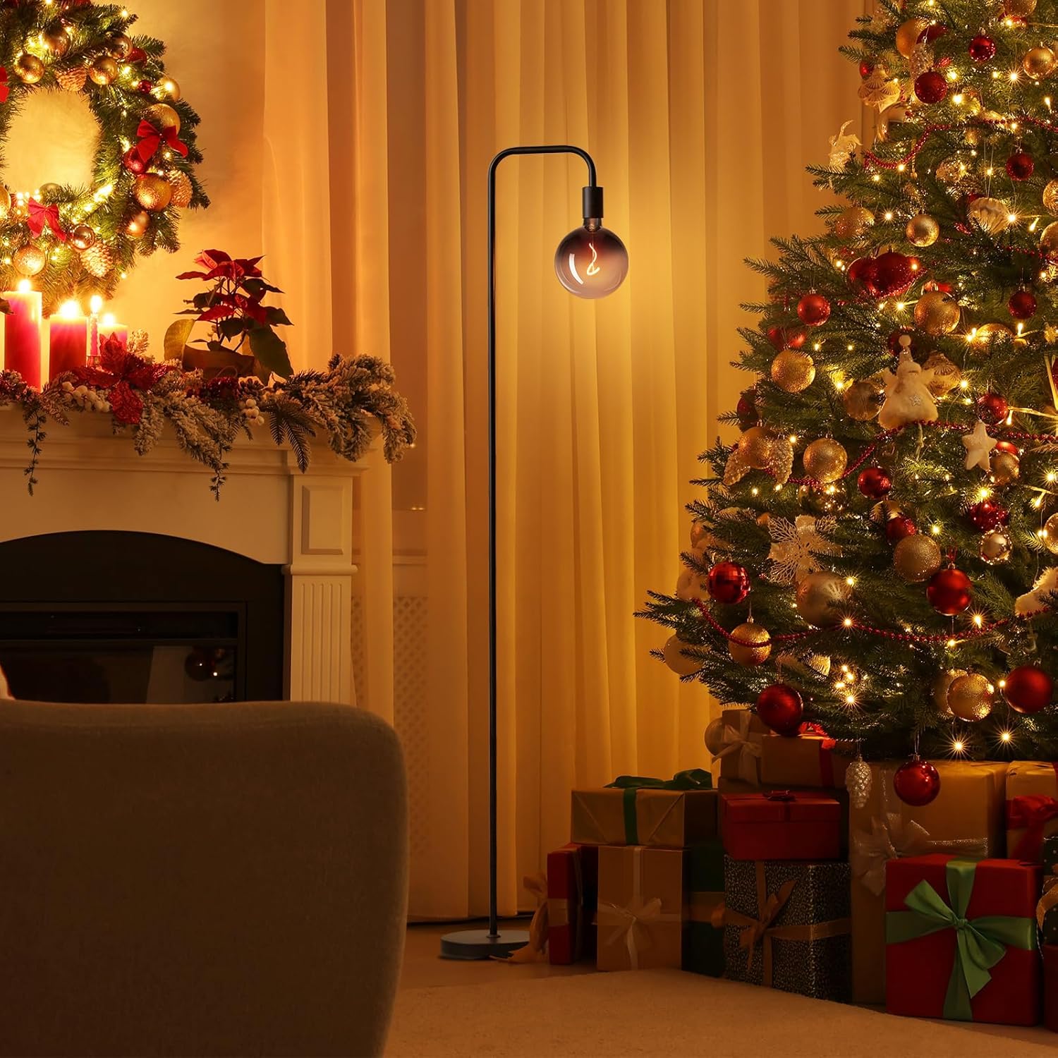 ONEWISH Floor Lamp for Living Room - Minimalist Industrial Standing Lamp with Modern LED Bulb, Globe Black Clear Glass 6", 1800K Warm Ambiant Lighting Decorative Tall Floor Lamp for Bedroom Office - Grand Goldman