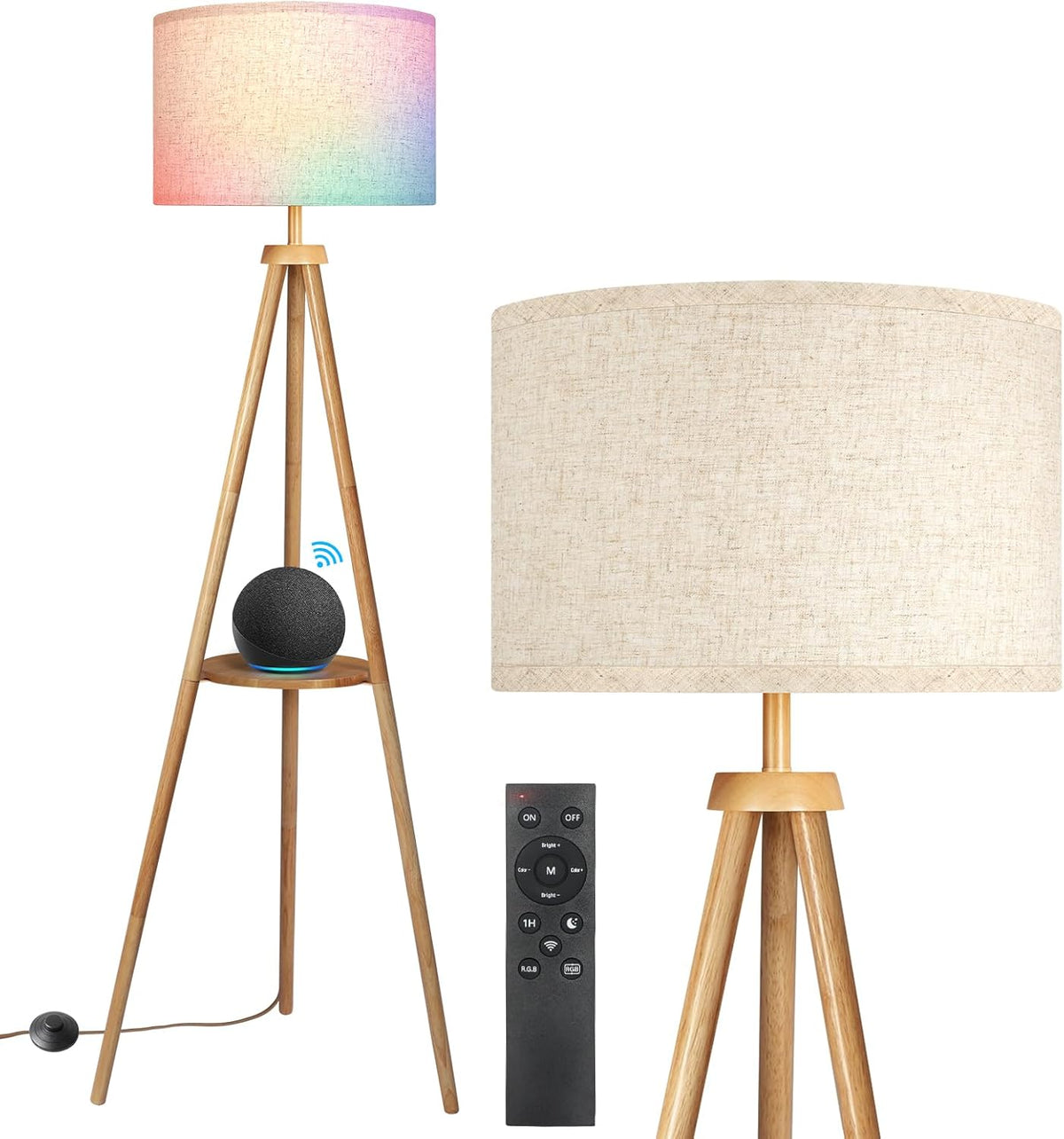 OUTON Wood Tripod Floor Lamp with Shelves, Mid Century Floor Lamp with Remote Control,4 Color Temperature, LED Modern Dimmable Standing Lamp with Beige Linen Shade for Living Room, Bedroom, Office - Grand Goldman