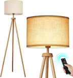 OUTON Wood Tripod Floor Lamp with Shelves, Mid Century Floor Lamp with Remote Control,4 Color Temperature, LED Modern Dimmable Standing Lamp with Beige Linen Shade for Living Room, Bedroom, Office - Grand Goldman
