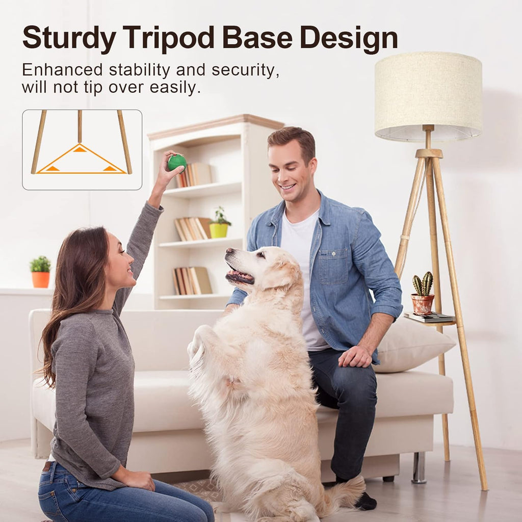 OUTON Wood Tripod Floor Lamp with Shelves, Mid Century Floor Lamp with Remote Control,4 Color Temperature, LED Modern Dimmable Standing Lamp with Beige Linen Shade for Living Room, Bedroom, Office - Grand Goldman