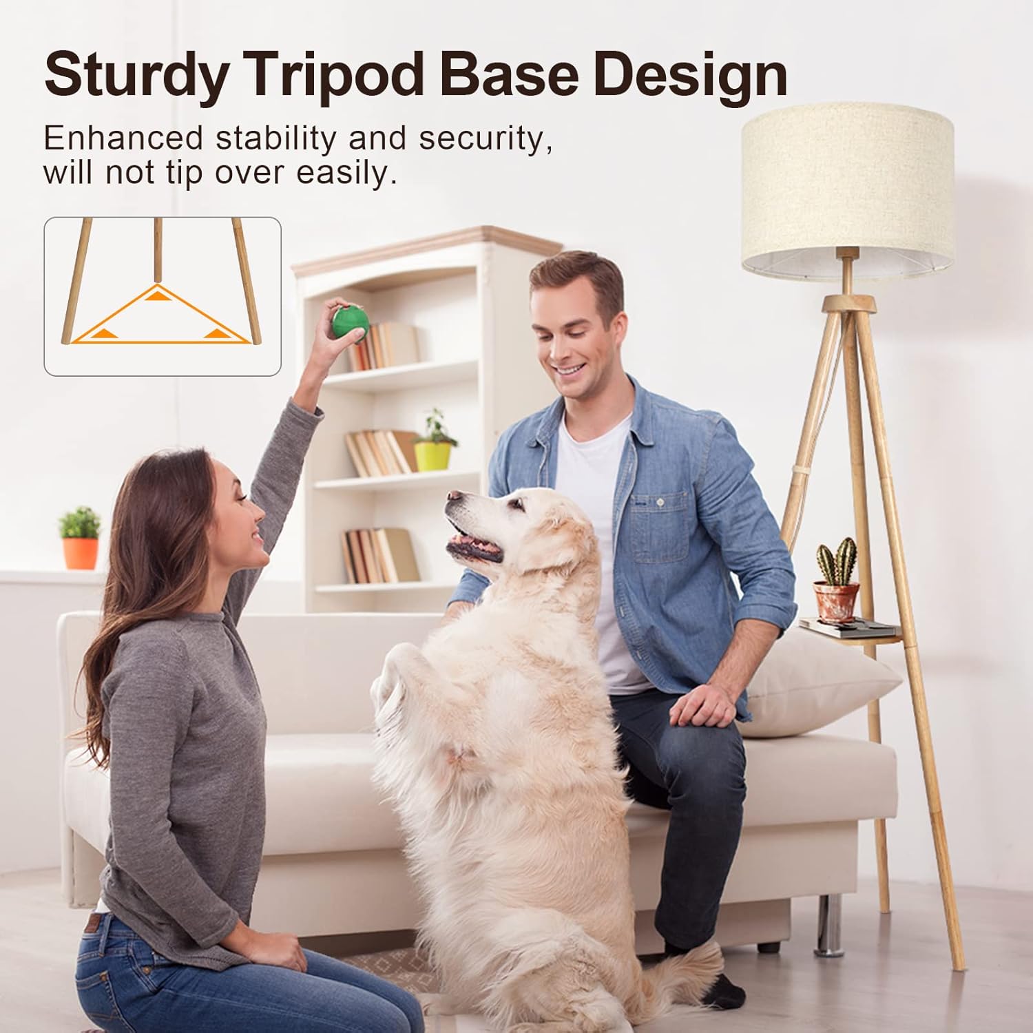 OUTON Wood Tripod Floor Lamp with Shelves, Mid Century Floor Lamp with Remote Control,4 Color Temperature, LED Modern Dimmable Standing Lamp with Beige Linen Shade for Living Room, Bedroom, Office - Grand Goldman