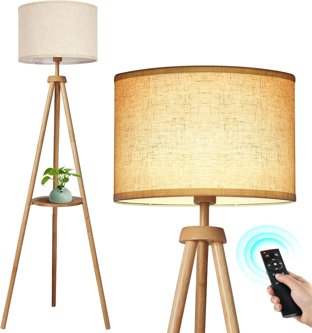 OUTON Wood Tripod Floor Lamp with Shelves, Mid Century Floor Lamp with Remote Control,4 Color Temperature, LED Modern Dimmable Standing Lamp with Beige Linen Shade for Living Room, Bedroom, Office - Grand Goldman