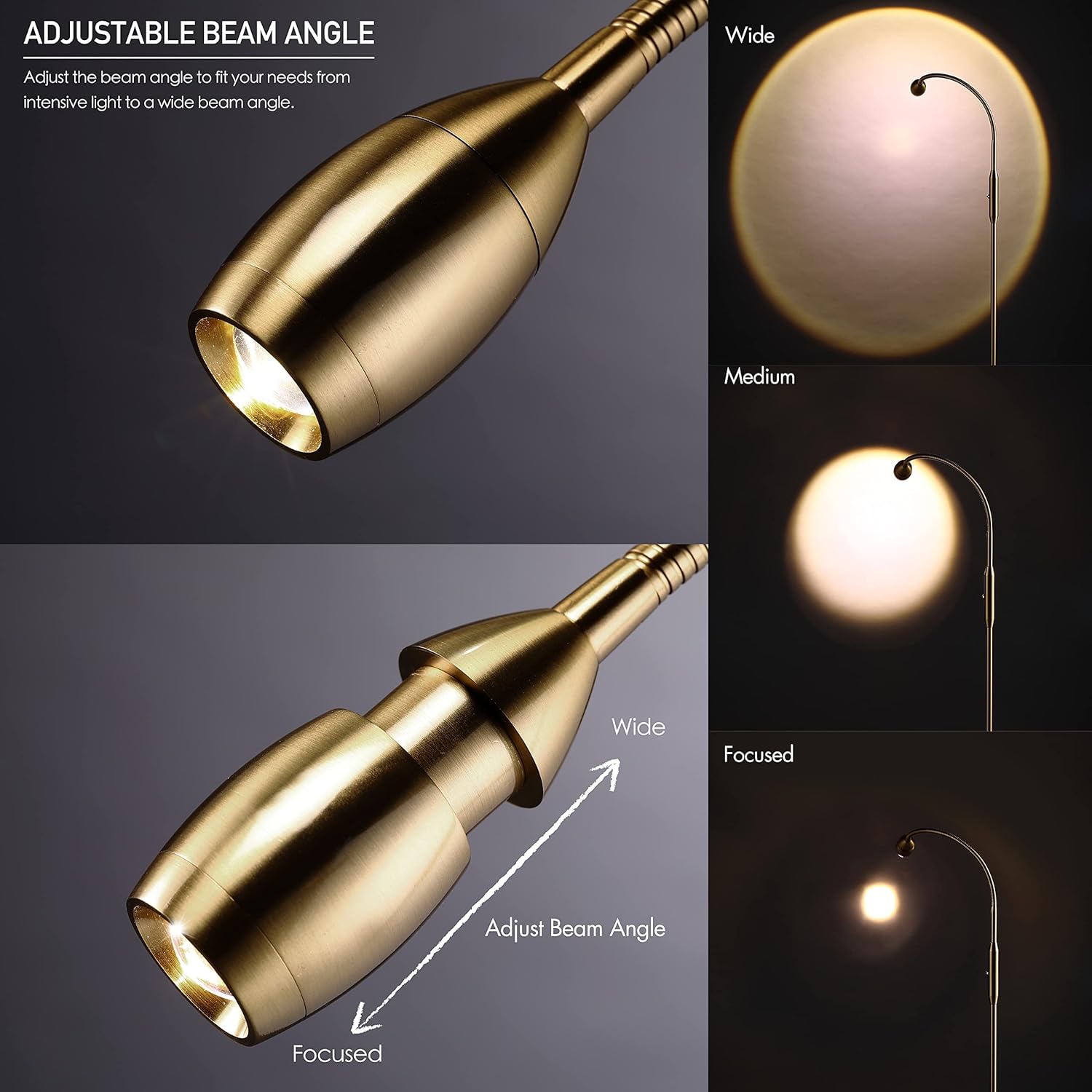 O’Bright Ray – Adjustable LED Beam Floor Lamp, Dimmable and Zoomable Spotlight, Flexible Gooseneck, Reading/Crafting Standing Lamp, Work Table Light, Antique Brass - Grand Goldman