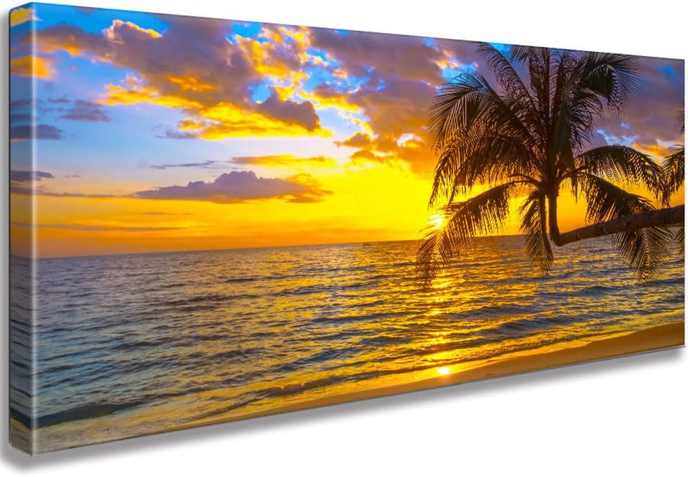 Ocean Sunset Canvas Beach Wall Art Bedroom Seagull Seascape Paintings Coastal Picture Framed Artwork for Bathroom Living Room Decor (D, 8X16inch) - Grand Goldman