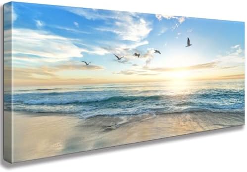 Ocean Sunset Canvas Beach Wall Art Bedroom Seagull Seascape Paintings Coastal Picture Framed Artwork for Bathroom Living Room Decor (D, 8X16inch) - Grand Goldman
