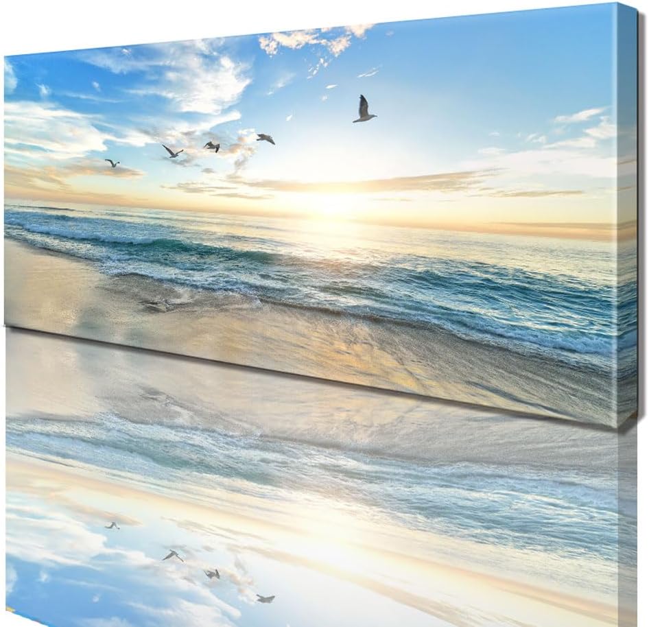 Ocean Sunset Canvas Beach Wall Art Bedroom Seagull Seascape Paintings Coastal Picture Framed Artwork for Bathroom Living Room Decor (D, 8X16inch) - Grand Goldman