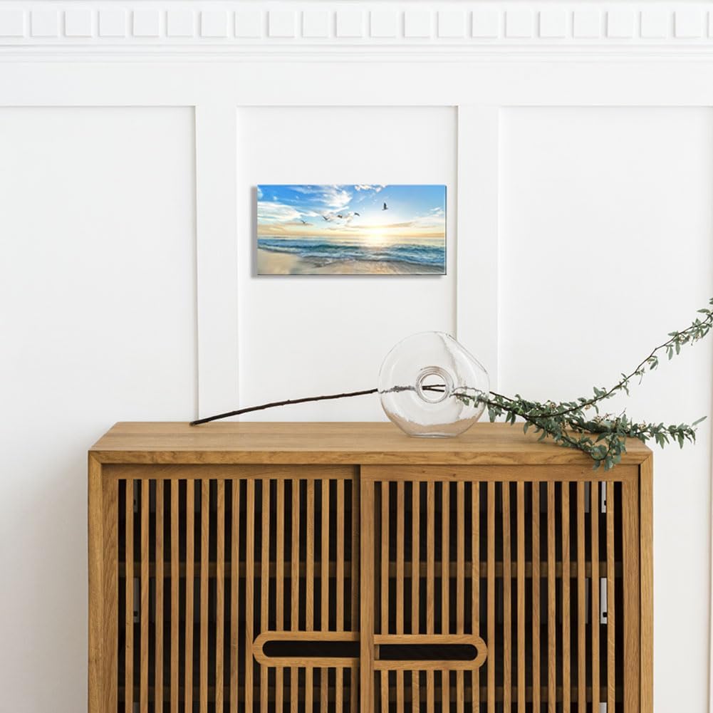 Ocean Sunset Canvas Beach Wall Art Bedroom Seagull Seascape Paintings Coastal Picture Framed Artwork for Bathroom Living Room Decor (D, 8X16inch) - Grand Goldman