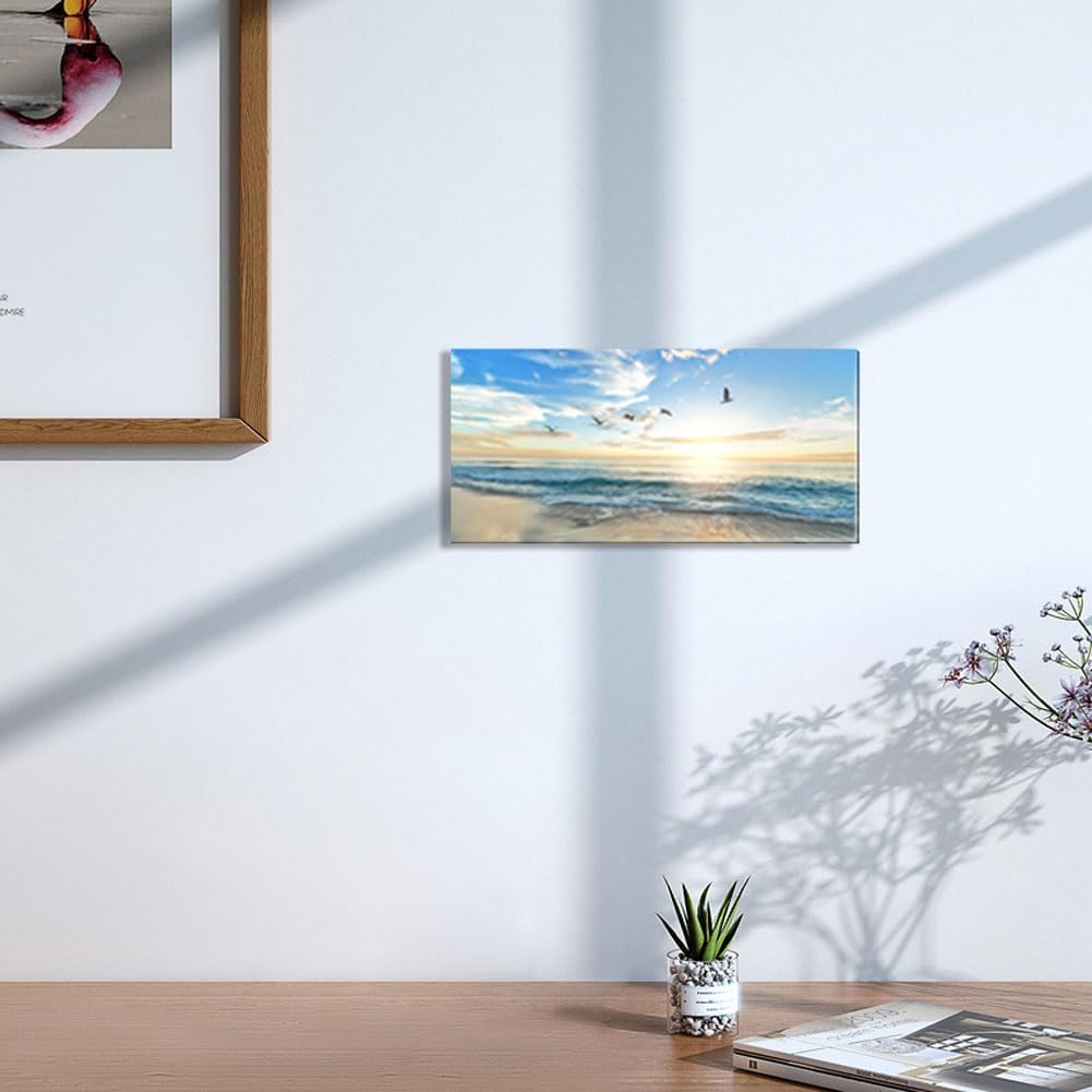 Ocean Sunset Canvas Beach Wall Art Bedroom Seagull Seascape Paintings Coastal Picture Framed Artwork for Bathroom Living Room Decor (D, 8X16inch) - Grand Goldman