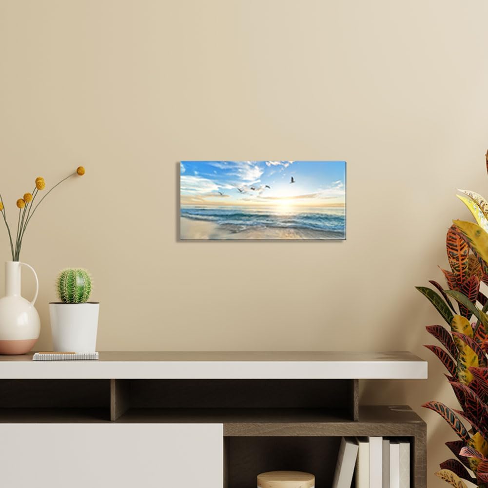 Ocean Sunset Canvas Beach Wall Art Bedroom Seagull Seascape Paintings Coastal Picture Framed Artwork for Bathroom Living Room Decor (D, 8X16inch) - Grand Goldman