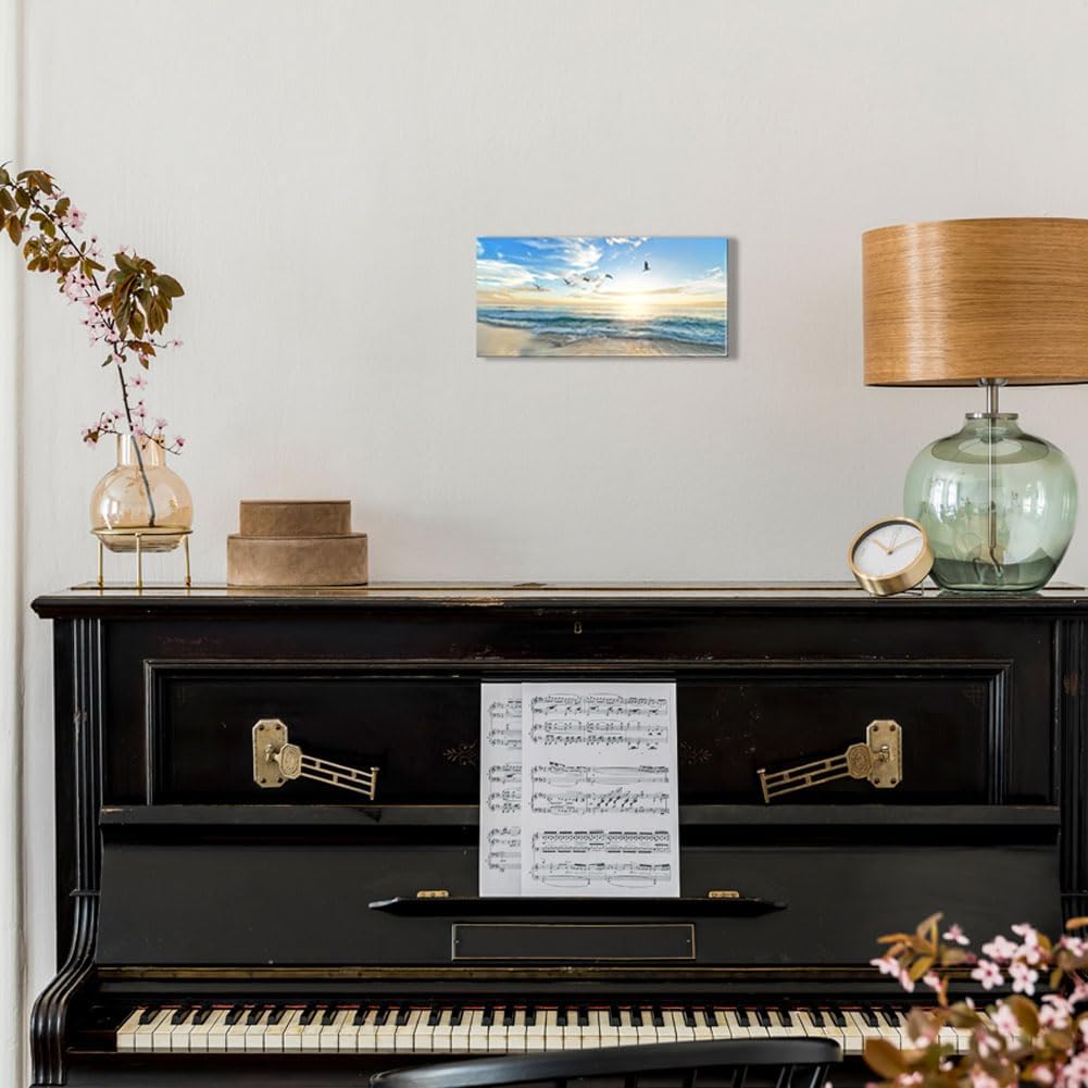 Ocean Sunset Canvas Beach Wall Art Bedroom Seagull Seascape Paintings Coastal Picture Framed Artwork for Bathroom Living Room Decor (D, 8X16inch) - Grand Goldman