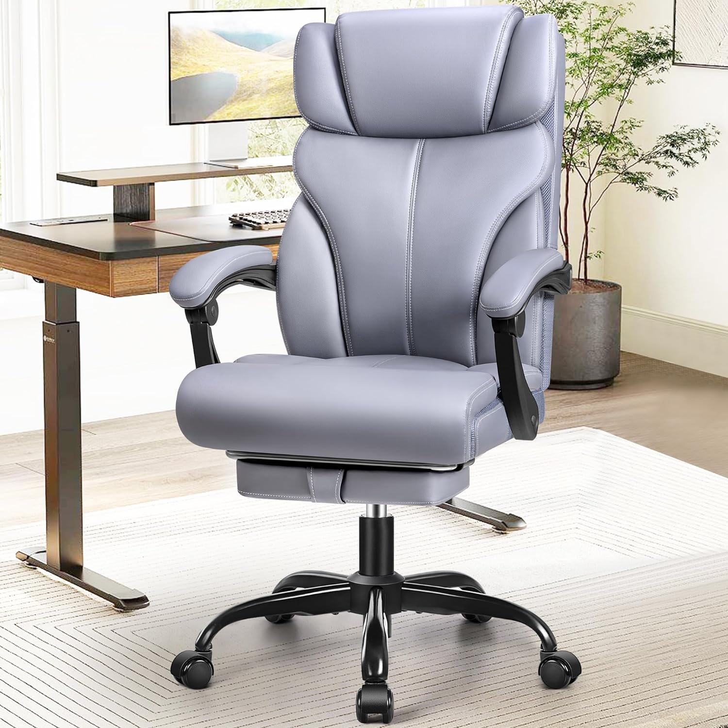 Office Chair, Ergonomic Big and Tall Computer Desk Chairs, Executive Breathable Leather Chair with Adjustable High Back Flip-up Armrests, Lumbar Support Swivel PC Chair with Rocking Function - Grand Goldman