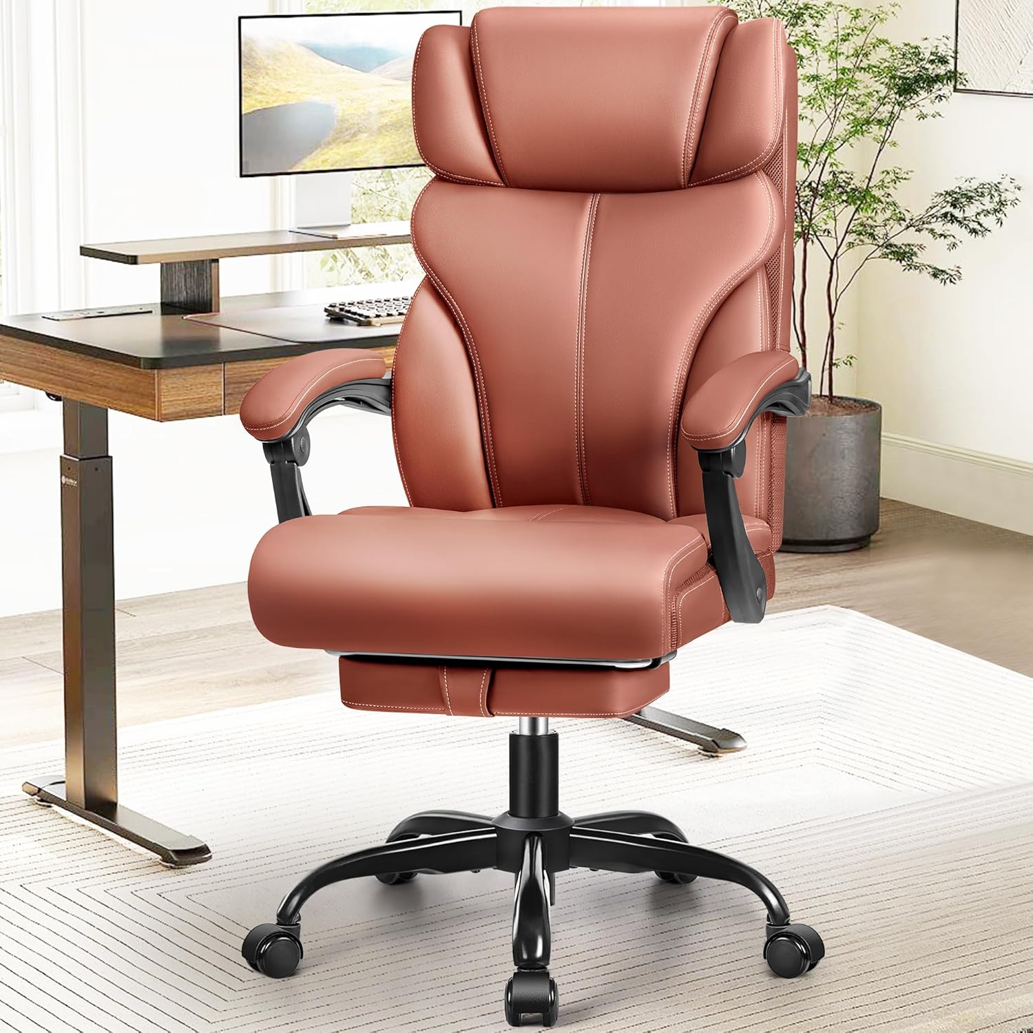 Office Chair, Ergonomic Big and Tall Computer Desk Chairs, Executive Breathable Leather Chair with Adjustable High Back Flip-up Armrests, Lumbar Support Swivel PC Chair with Rocking Function - Grand Goldman