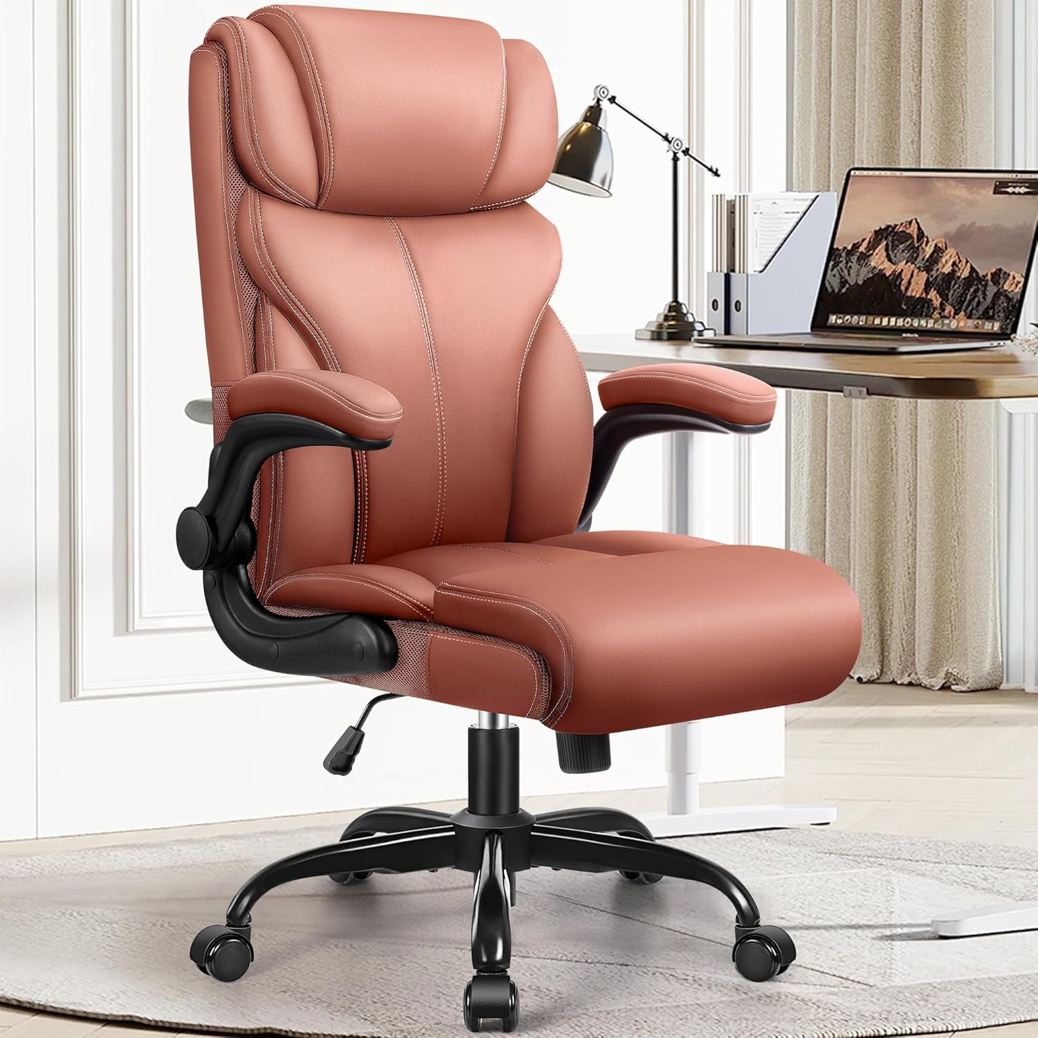 Office Chair, Ergonomic Big and Tall Computer Desk Chairs, Executive Breathable Leather Chair with Adjustable High Back Flip-up Armrests, Lumbar Support Swivel PC Chair with Rocking Function - Grand Goldman