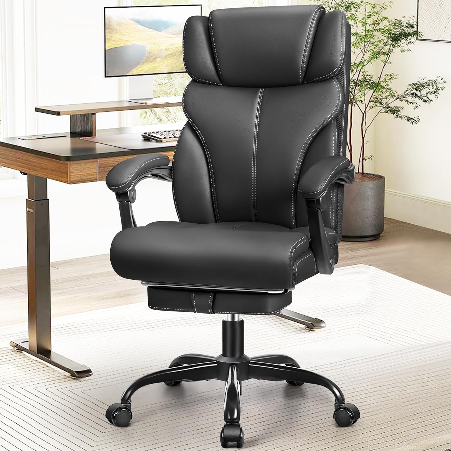 Office Chair, Ergonomic Big and Tall Computer Desk Chairs, Executive Breathable Leather Chair with Adjustable High Back Flip-up Armrests, Lumbar Support Swivel PC Chair with Rocking Function - Grand Goldman