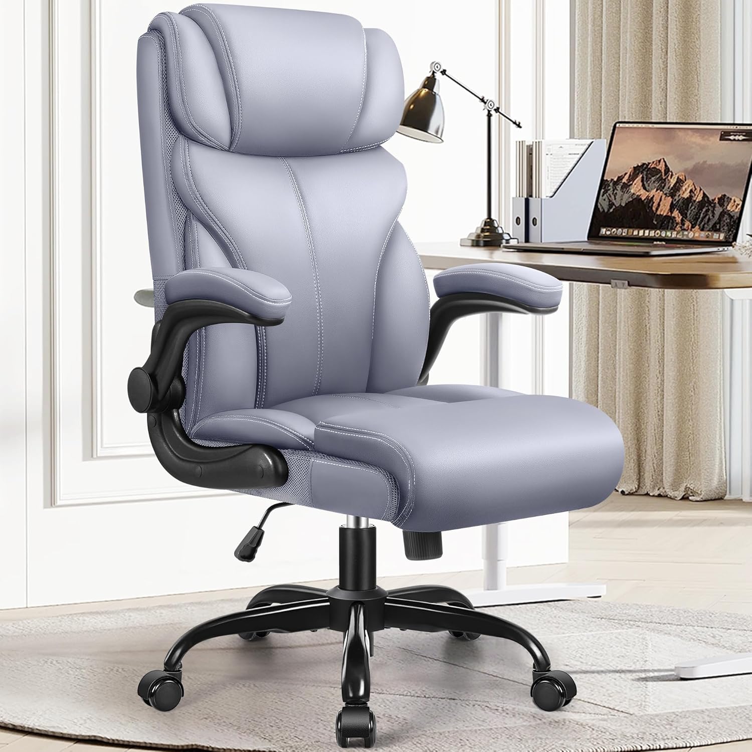 Office Chair, Ergonomic Big and Tall Computer Desk Chairs, Executive Breathable Leather Chair with Adjustable High Back Flip-up Armrests, Lumbar Support Swivel PC Chair with Rocking Function - Grand Goldman