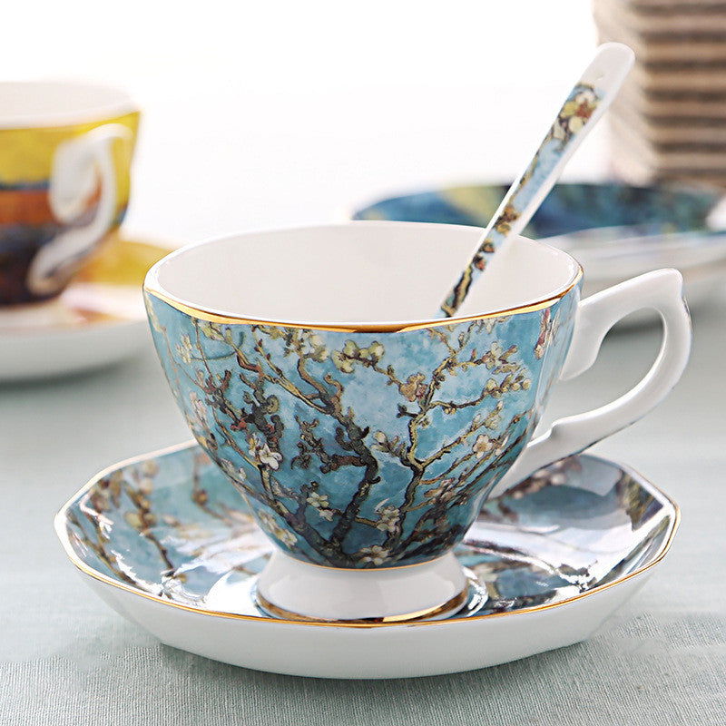 Oil Painting Bone China Coffee Cup British Light Luxury Saucer Spoon - Grand Goldman