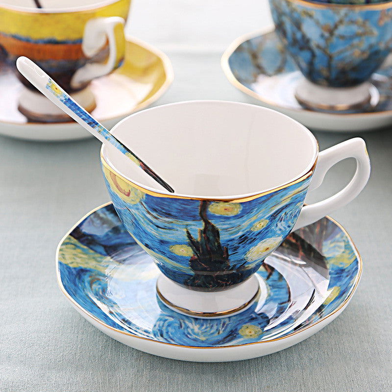 Oil Painting Bone China Coffee Cup British Light Luxury Saucer Spoon - Grand Goldman