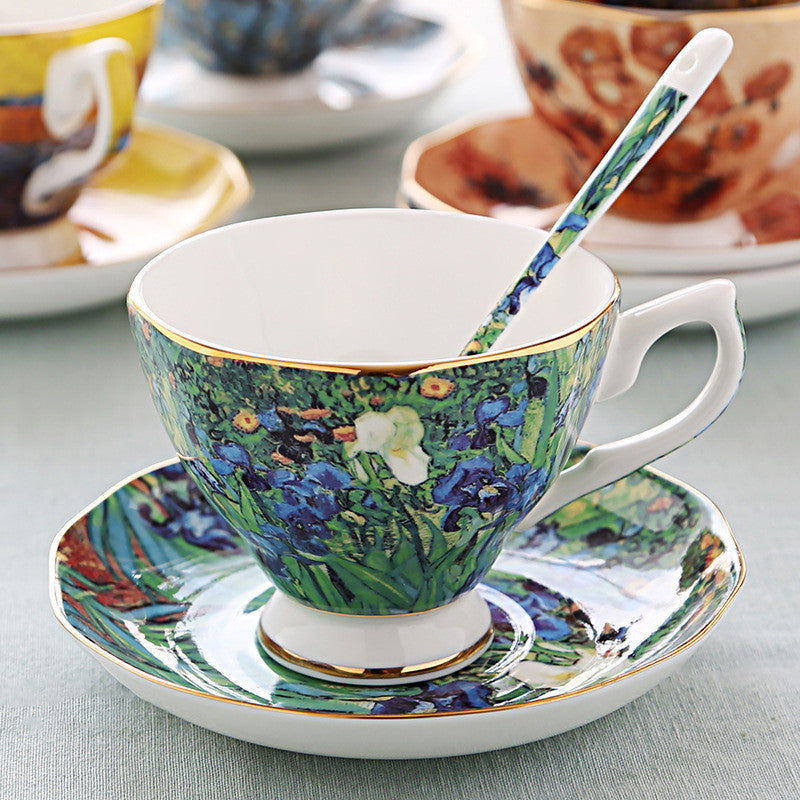 Oil Painting Bone China Coffee Cup British Light Luxury Saucer Spoon - Grand Goldman