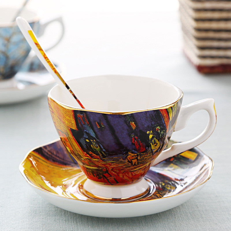 Oil Painting Bone China Coffee Cup British Light Luxury Saucer Spoon - Grand Goldman