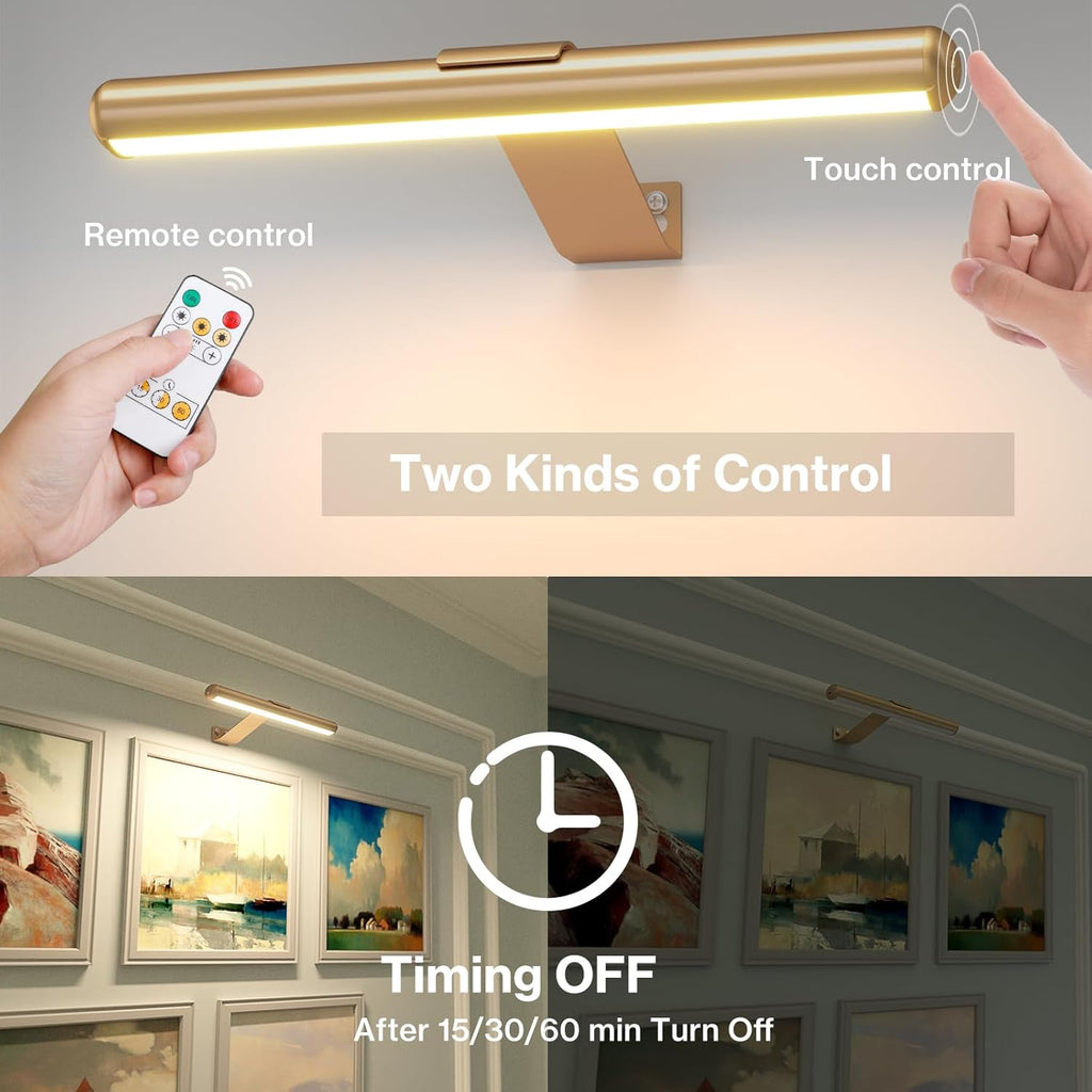 Olafus Wireless Picture Light Rechargeable Battery Operated, Remote Control Painting Lamp with Removable Tube, Infinitely Dimmable, Timer, Photo Frame Art Light, Gallery Display Wall Light, Gold - Grand Goldman