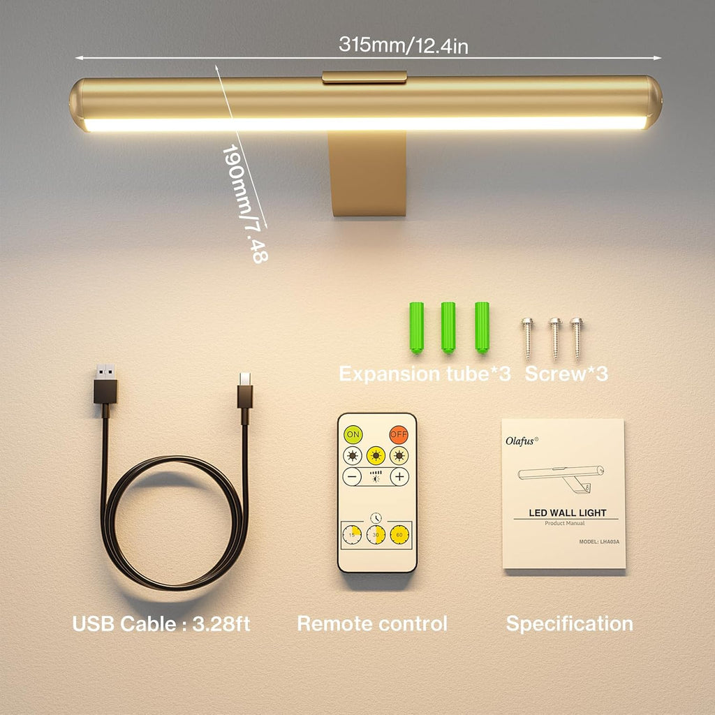 Olafus Wireless Picture Light Rechargeable Battery Operated, Remote Control Painting Lamp with Removable Tube, Infinitely Dimmable, Timer, Photo Frame Art Light, Gallery Display Wall Light, Gold - Grand Goldman