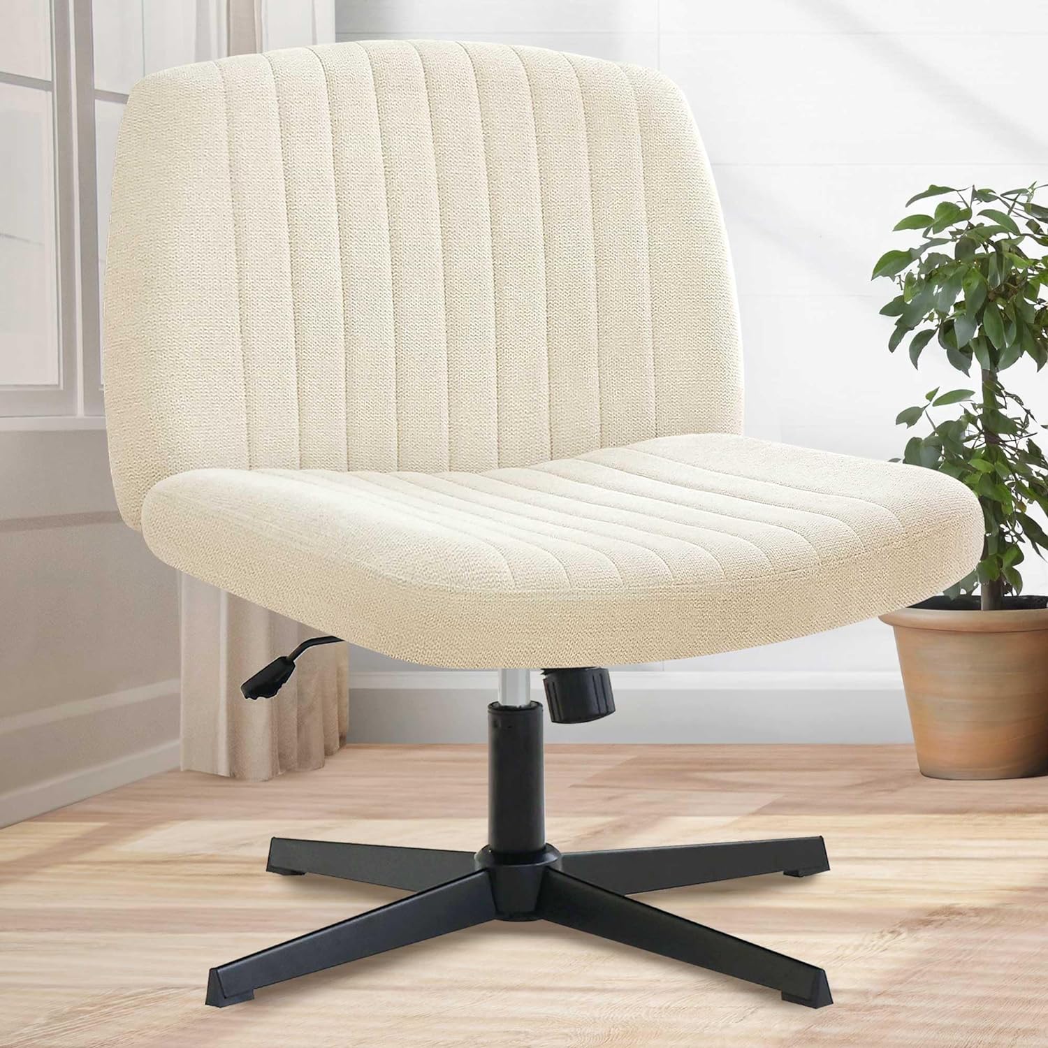 Orange Factory Criss Cross Chair with Wheels, Armless Cross Legged Office Desk Chair, Wide Comfy Vanity Rolling Swivel Modern Comfortable Fabric Computer Task Chairs for Home Office (Beige) - Grand Goldman
