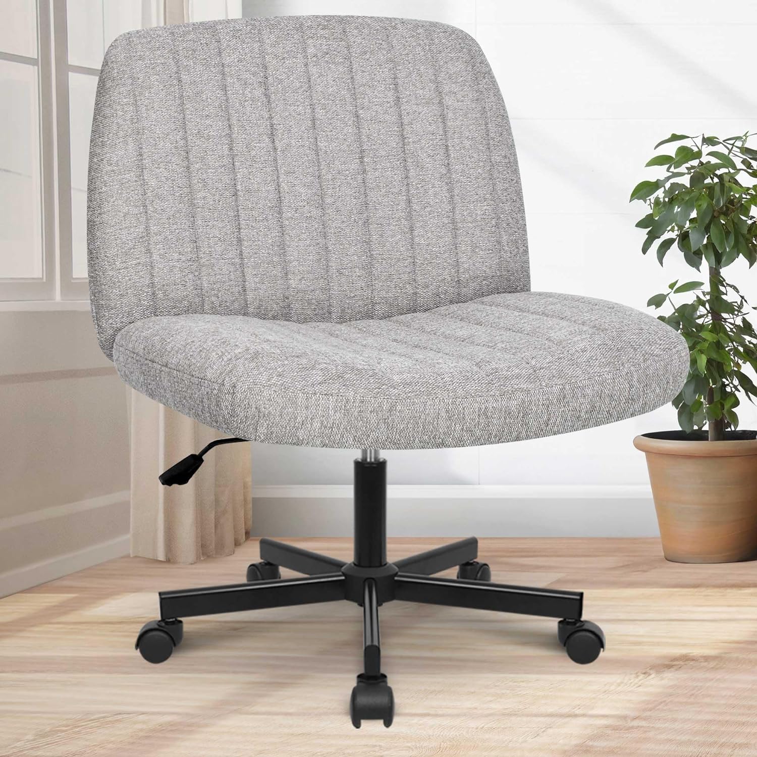Orange Factory Criss Cross Chair with Wheels, Armless Cross Legged Office Desk Chair, Wide Comfy Vanity Rolling Swivel Modern Comfortable Fabric Computer Task Chairs for Home Office (Beige) - Grand Goldman