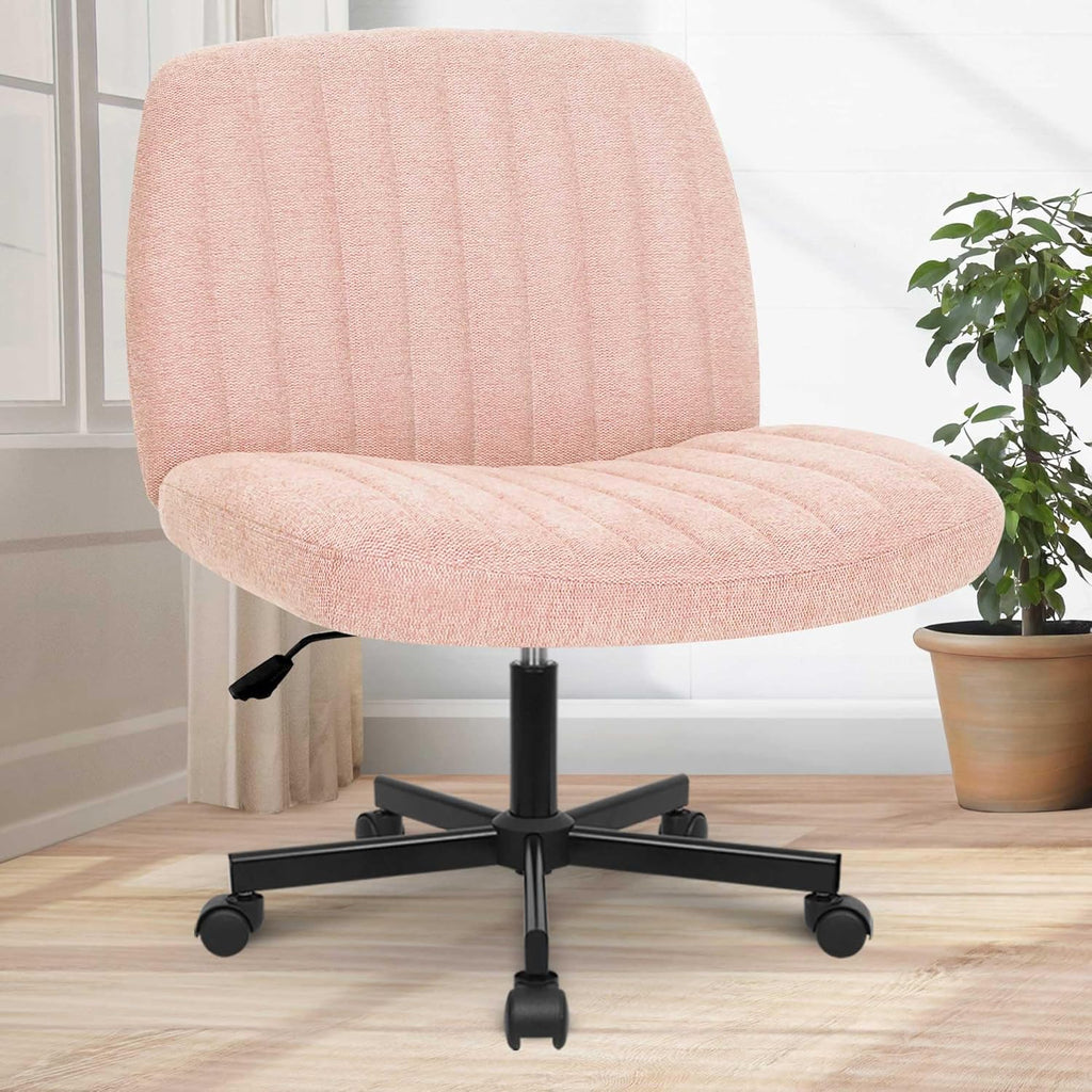 Orange Factory Criss Cross Chair with Wheels, Armless Cross Legged Office Desk Chair, Wide Comfy Vanity Rolling Swivel Modern Comfortable Fabric Computer Task Chairs for Home Office (Beige) - Grand Goldman