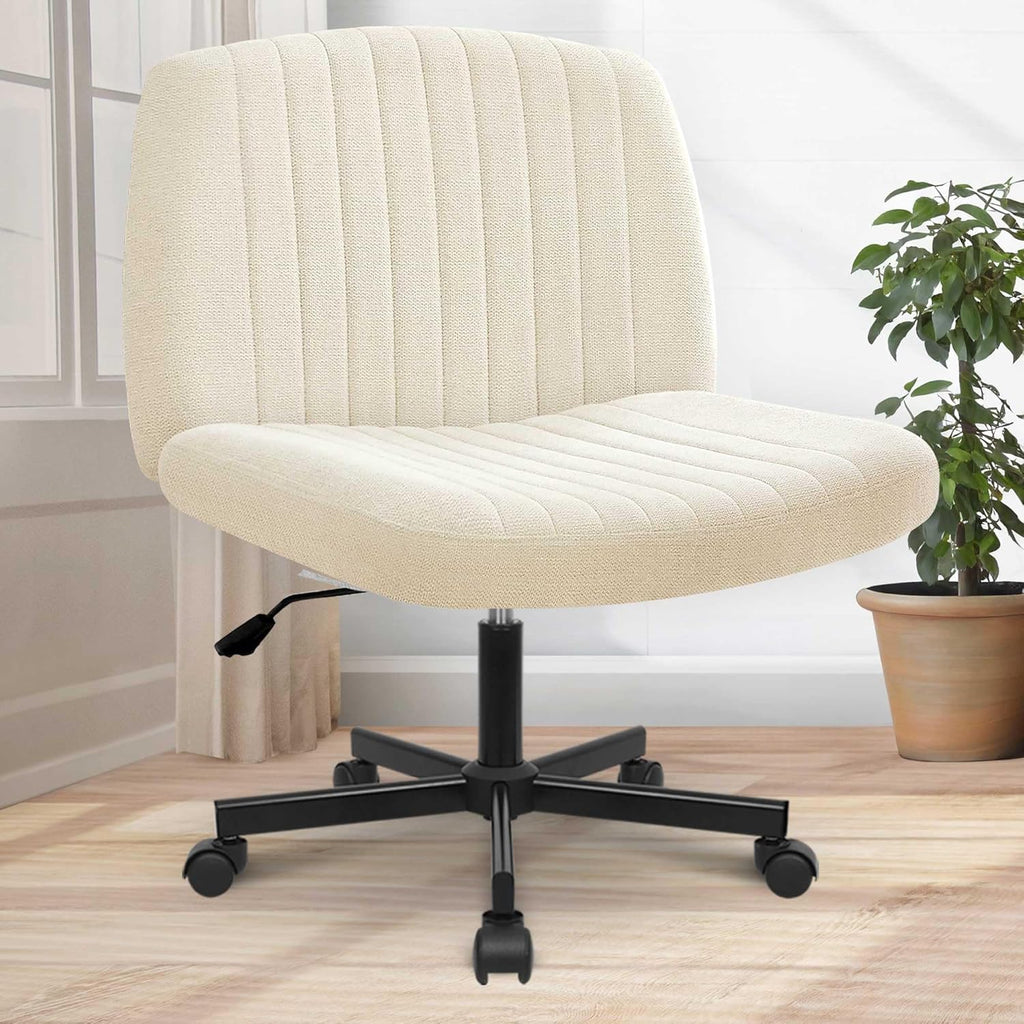 Orange Factory Criss Cross Chair with Wheels, Armless Cross Legged Office Desk Chair, Wide Comfy Vanity Rolling Swivel Modern Comfortable Fabric Computer Task Chairs for Home Office (Beige) - Grand Goldman