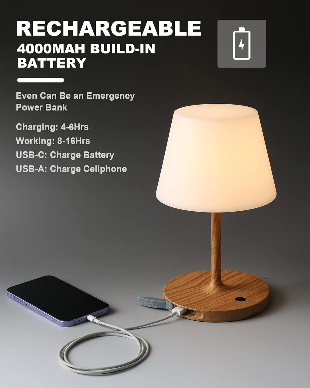 Outdoor Battery Operated Table Lamp Waterproof, 4000mAh Cordless Rechargeable, Touch Dimmable Desk Lamp, LED Night Light for Patio Camping Restaurant Home, H9.6in, Wood Grain - Grand Goldman