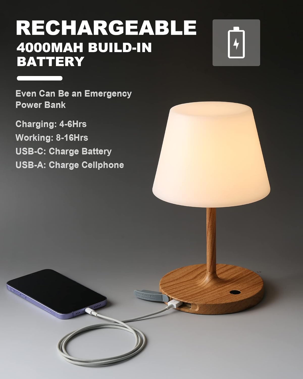Outdoor Battery Operated Table Lamp Waterproof, 4000mAh Cordless Rechargeable, Touch Dimmable Desk Lamp, LED Night Light for Patio Camping Restaurant Home, H9.6in, Wood Grain - Grand Goldman
