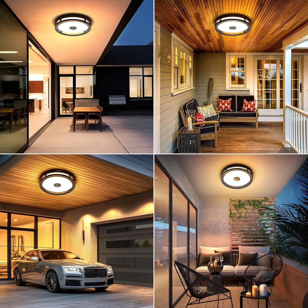 Outdoor Motion Sensor Flush Mount Ceiling Light, LED Outdoor Ceiling Light Fixture, 12" Dusk to Dawn Porch Ceiling Light, Black Modern Exterior Light for Farmhouse Garage Hallway Entry - Grand Goldman