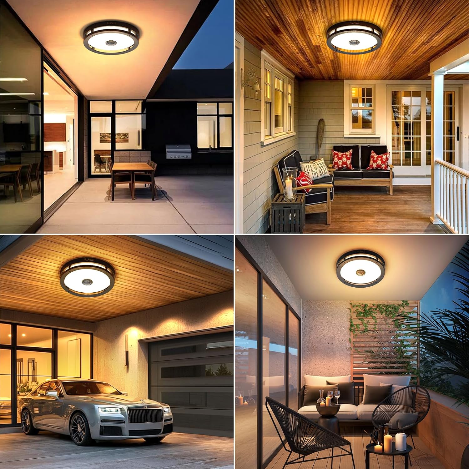 Outdoor Motion Sensor Flush Mount Ceiling Light, LED Outdoor Ceiling Light Fixture, 12" Dusk to Dawn Porch Ceiling Light, Black Modern Exterior Light for Farmhouse Garage Hallway Entry - Grand Goldman