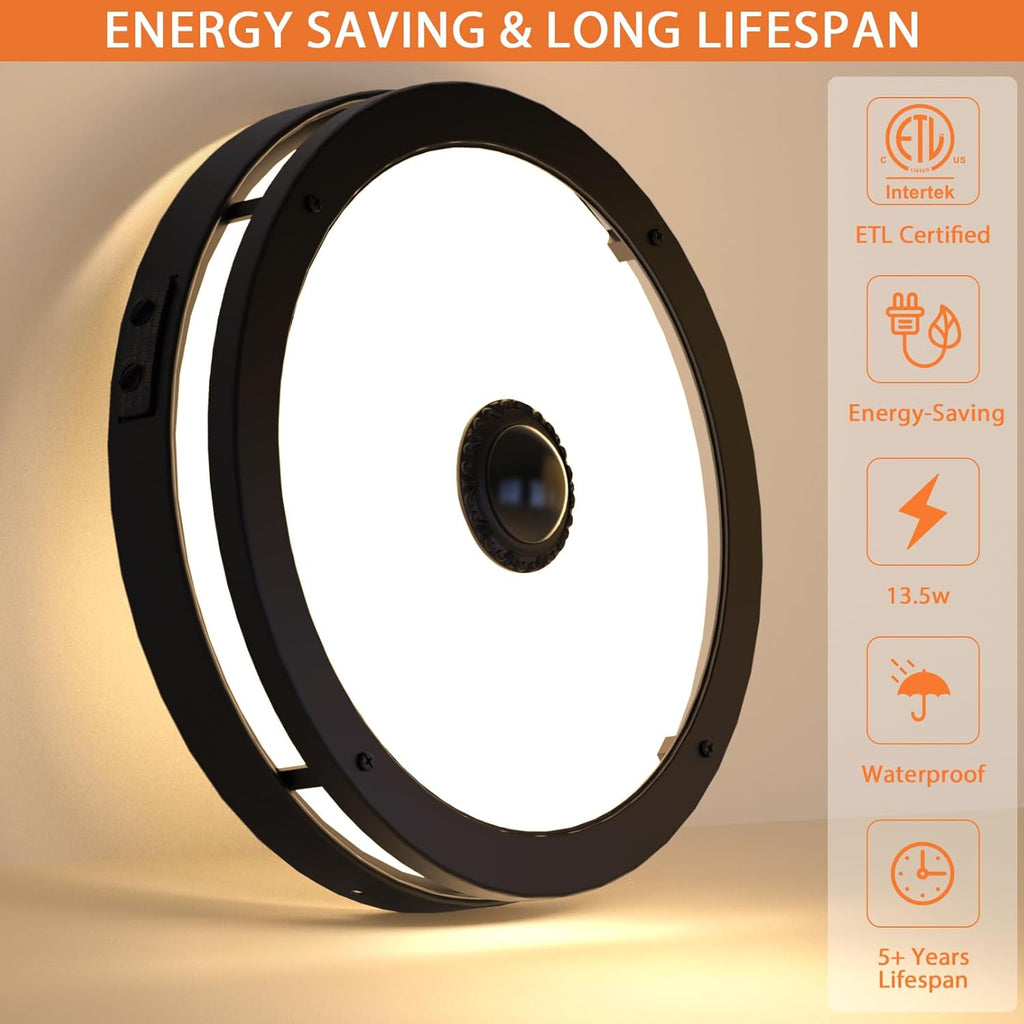 Outdoor Motion Sensor Flush Mount Ceiling Light, LED Outdoor Ceiling Light Fixture, 12" Dusk to Dawn Porch Ceiling Light, Black Modern Exterior Light for Farmhouse Garage Hallway Entry - Grand Goldman