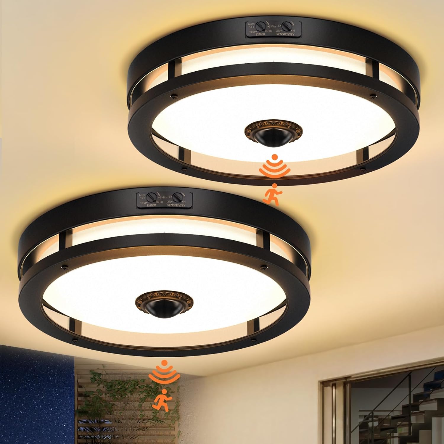 Outdoor Motion Sensor Flush Mount Ceiling Light, LED Outdoor Ceiling Light Fixture, 12" Dusk to Dawn Porch Ceiling Light, Black Modern Exterior Light for Farmhouse Garage Hallway Entry - Grand Goldman