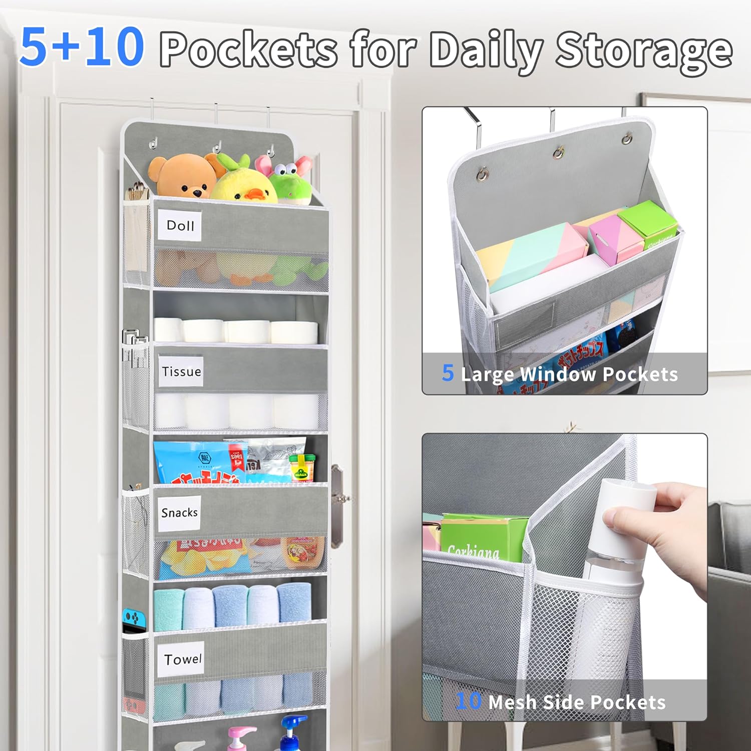 Over The Door Organizer Storage, 44lbs Weight Capacity Hanging Door Organizer, Behind Door Organizer with 5 Large Pockets 10 Mesh Side Pockets 5 PVC Pouches for Nursery Bathroom Bedroom Pantry - Grand Goldman