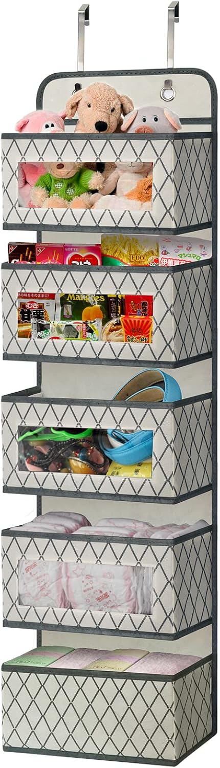 Over the Door Hanging Organizer with 5 Large Pockets - Wall Mount Pantry Storage with Clear PVC Window & 2 Big Metal Hooks for Closet,Bathroom,Nursery,Bedroom,Dorm,Baby Diapers,Kids Toys (Gray) - Grand Goldman