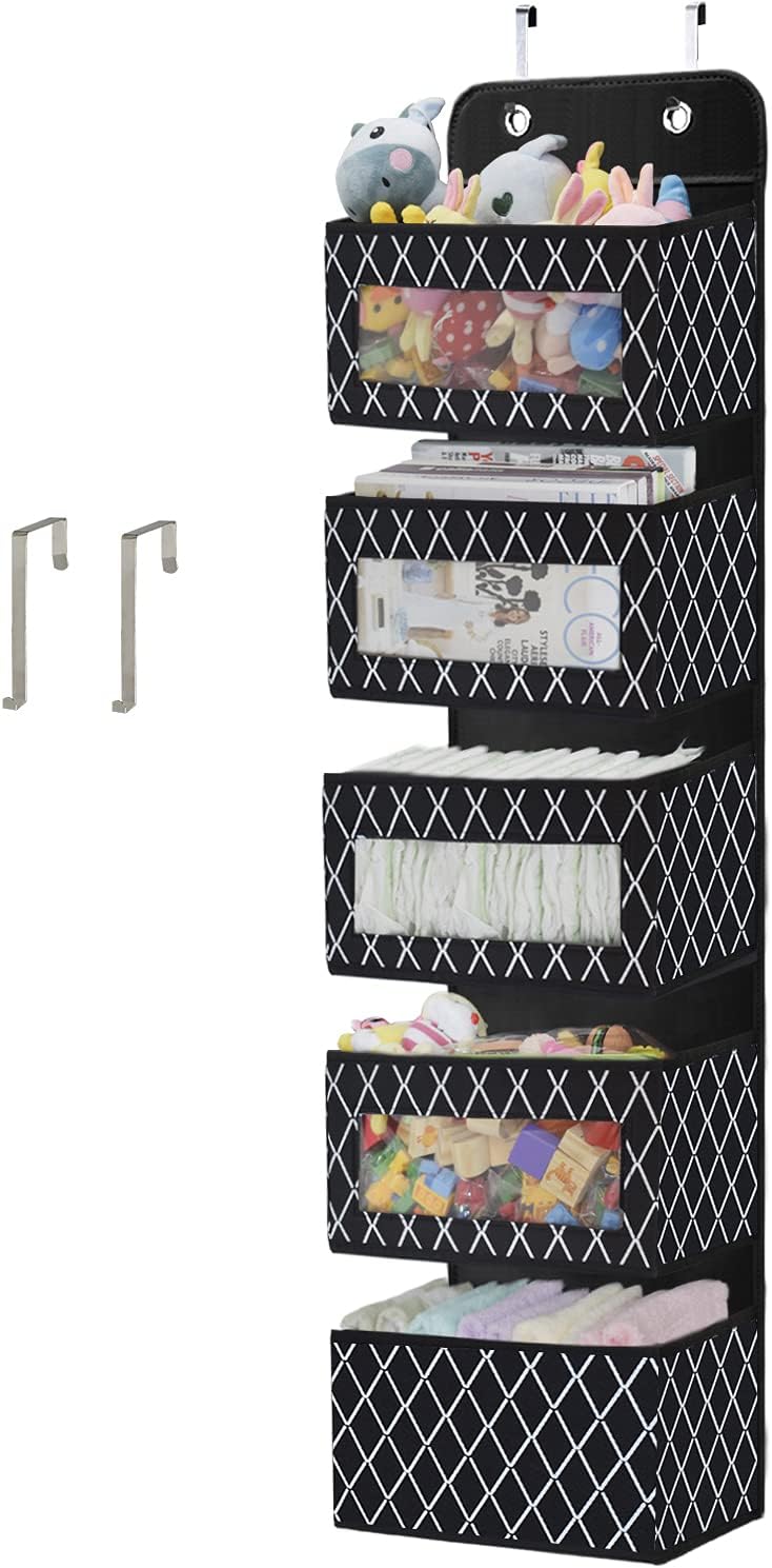 Over the Door Hanging Organizer with 5 Large Pockets - Wall Mount Pantry Storage with Clear PVC Window & 2 Big Metal Hooks for Closet,Bathroom,Nursery,Bedroom,Dorm,Baby Diapers,Kids Toys (Gray) - Grand Goldman