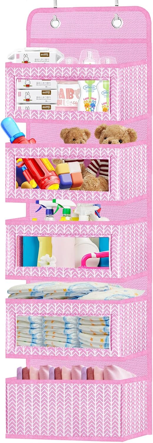 Over the Door Hanging Organizer with 5 Large Pockets - Wall Mount Pantry Storage with Clear PVC Window & 2 Big Metal Hooks for Closet,Bathroom,Nursery,Bedroom,Dorm,Baby Diapers,Kids Toys (Gray) - Grand Goldman