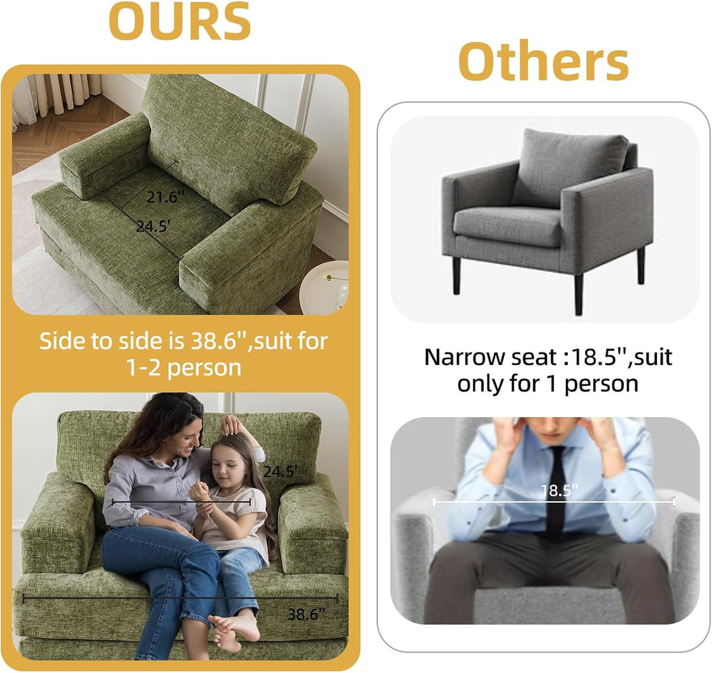 Oversized Accent Chair with Armrest Organizer,Comfy Living Room Chairs with Thick Cushion,Upholstered Modern Armchair,Big Reading Chair,Sofa Chair for Bedroom,Green - Grand Goldman