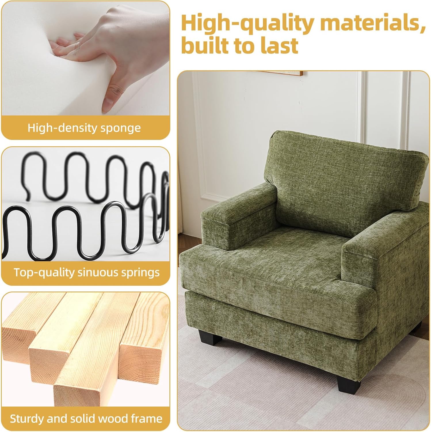 Oversized Accent Chair with Armrest Organizer,Comfy Living Room Chairs with Thick Cushion,Upholstered Modern Armchair,Big Reading Chair,Sofa Chair for Bedroom,Green - Grand Goldman