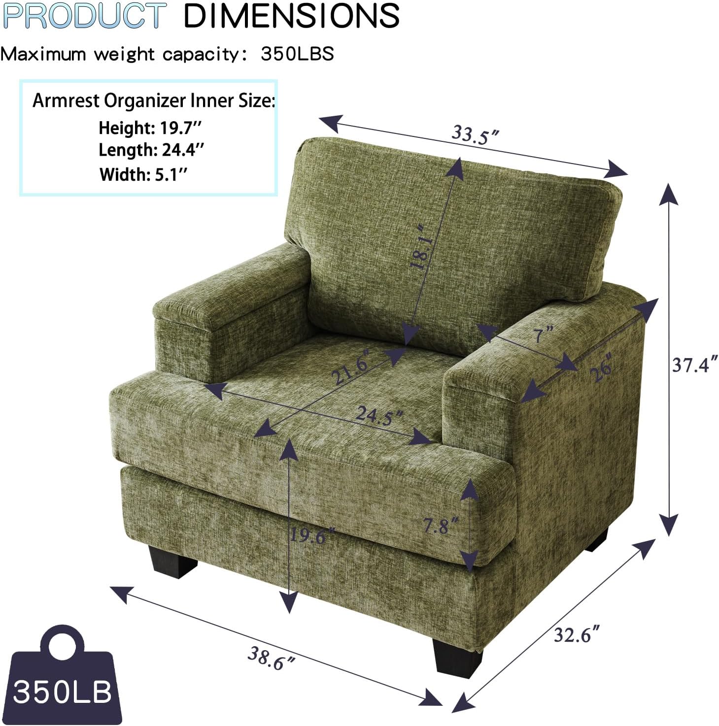 Oversized Accent Chair with Armrest Organizer,Comfy Living Room Chairs with Thick Cushion,Upholstered Modern Armchair,Big Reading Chair,Sofa Chair for Bedroom,Green - Grand Goldman