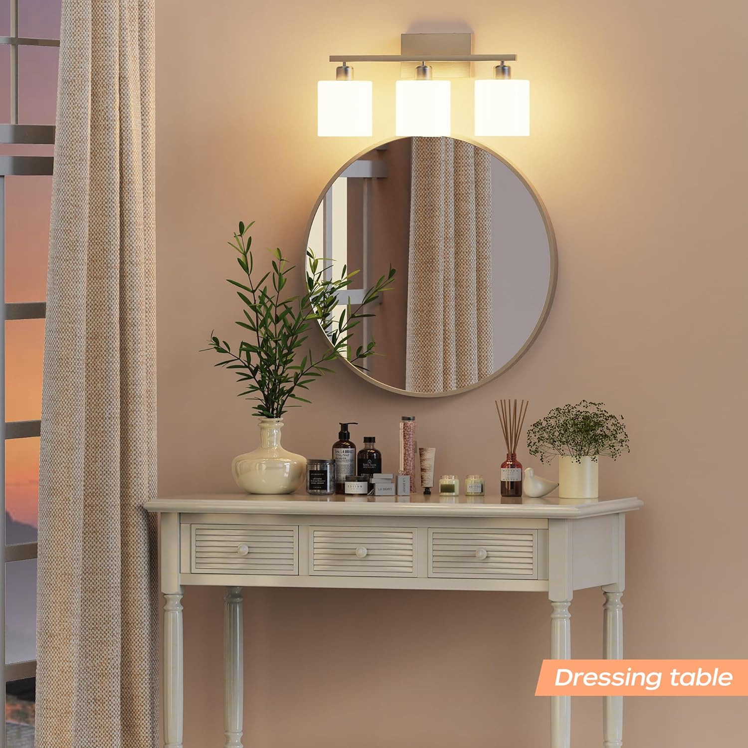 PARTPHONER Bathroom Light Fixtures, Bathroom Lighting Fixtures Over Mirror, Classic Vanity Lights, Modern Bathroom Vanity Light with Textured Frosted Opal White Glass Shades, Brushed Nickel, 3-Light - Grand Goldman