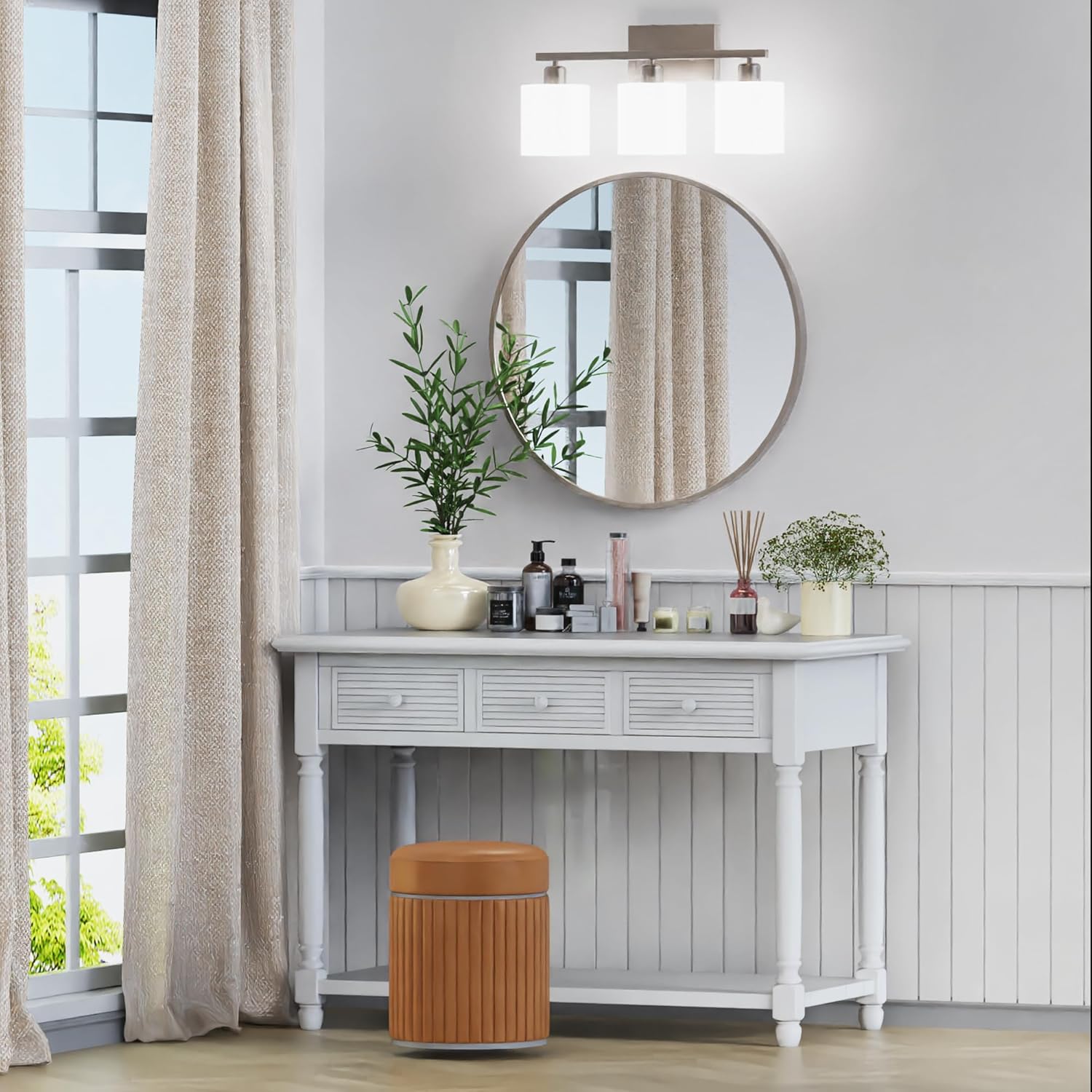 PARTPHONER Bathroom Light Fixtures, Bathroom Lighting Fixtures Over Mirror, Classic Vanity Lights, Modern Bathroom Vanity Light with Textured Frosted Opal White Glass Shades, Brushed Nickel, 3-Light - Grand Goldman